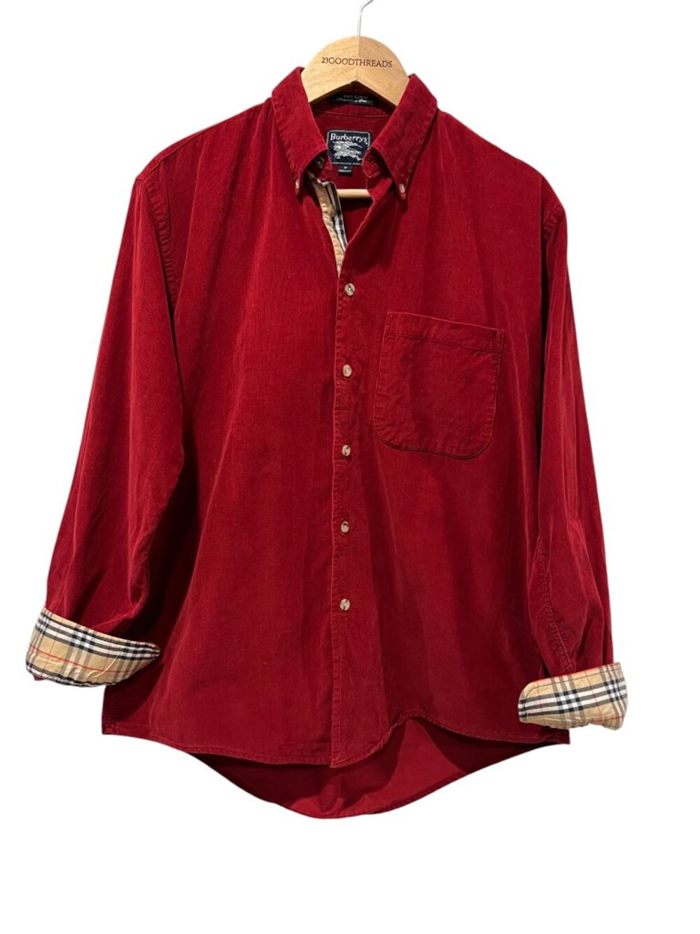 Burberrys Mens 90s Nova Check Tartan Plaid and Red Corduroy Button Shirt, M